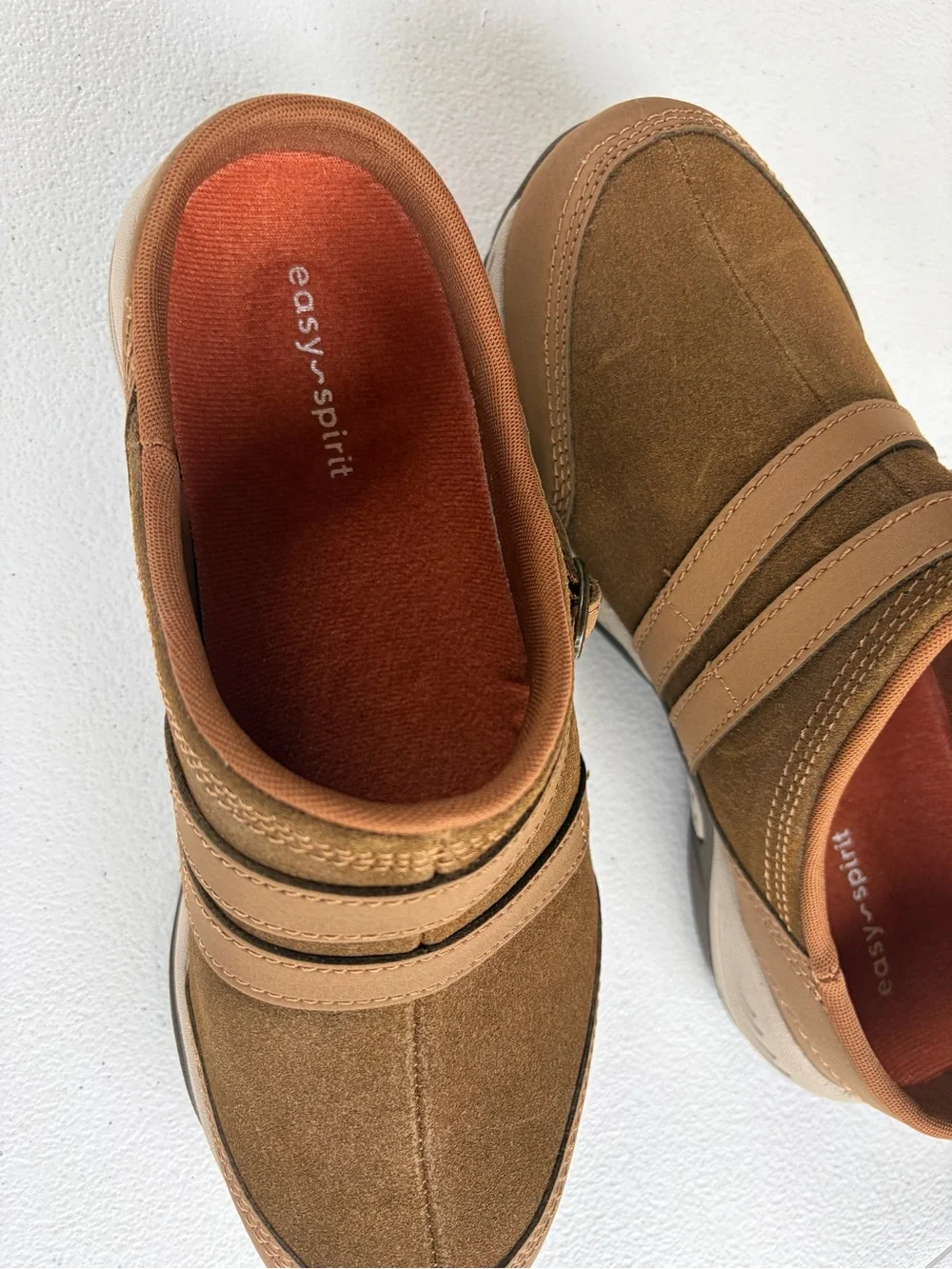 Easy Spirit women’s Suede Slip-On Loafers in Chestnut Brown
